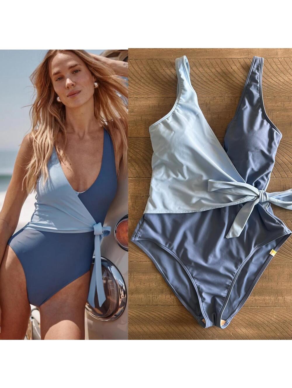 Summersalt The Perfect Wrap One Piece Swimsuit Colorblock Blue Women’s Large